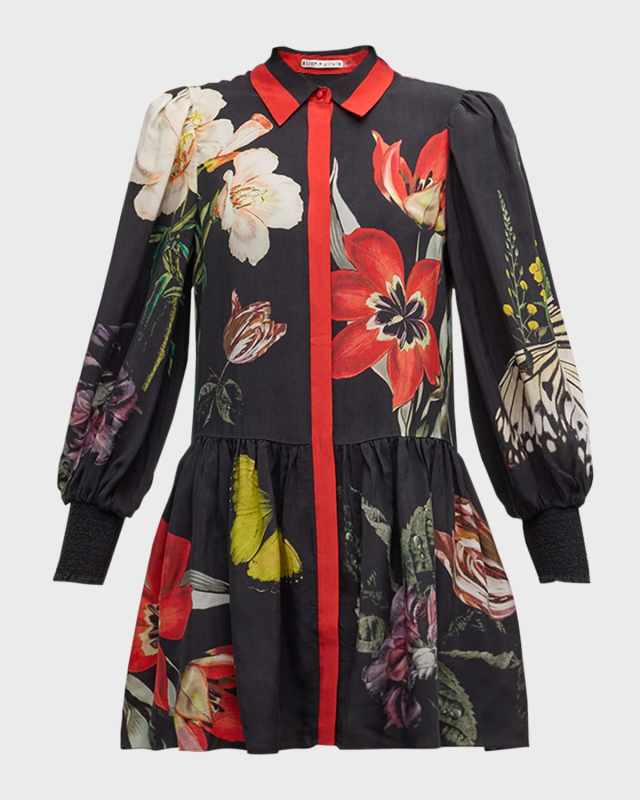 Essential Floral Bertha Blouson-Sleeve Mini Shirtdress
